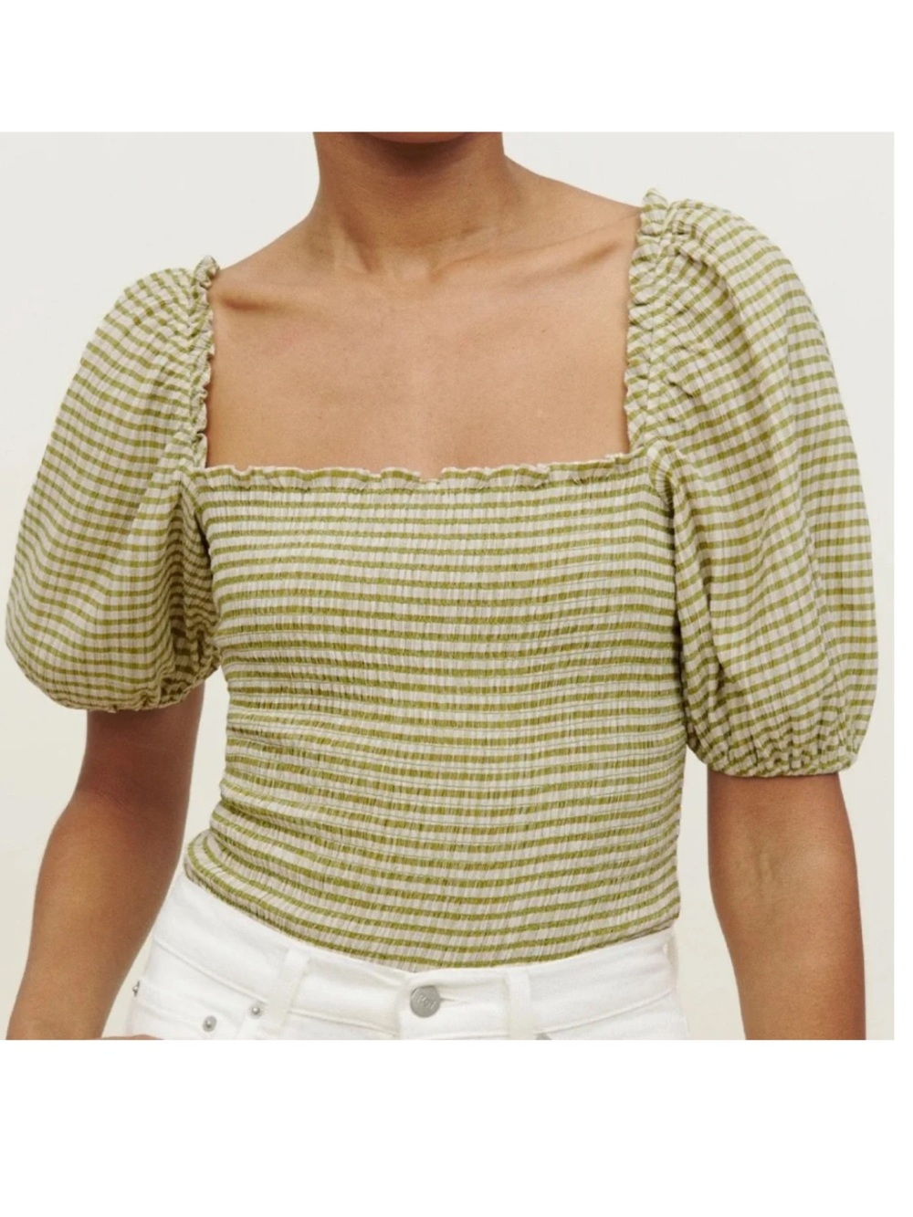 Reformation Marilyn Olive Green Gingham Smocked Puff-Sleeve Top size XS